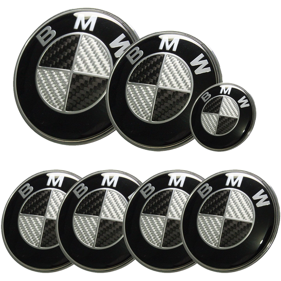 Afauto 7pcs BMW Black-Silver Carbon Fiber Style Emblem Logo Badge